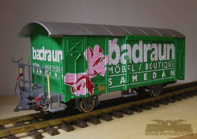 RhB Werbewagen 'Badraun' (RhB Boxcar with Badraun advertising)
