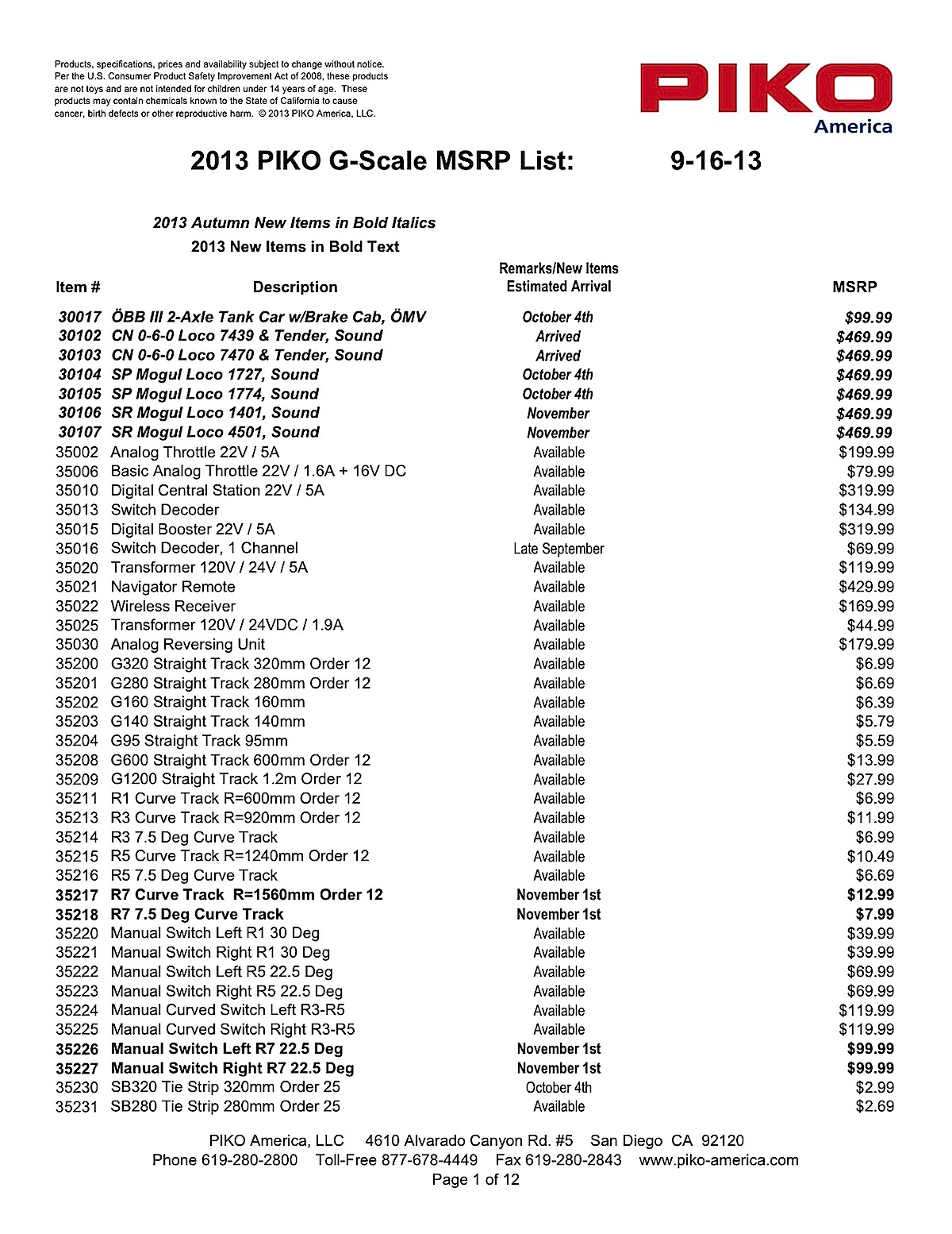 PIKO America Preisliste (Price list) 2013 in US Dollars