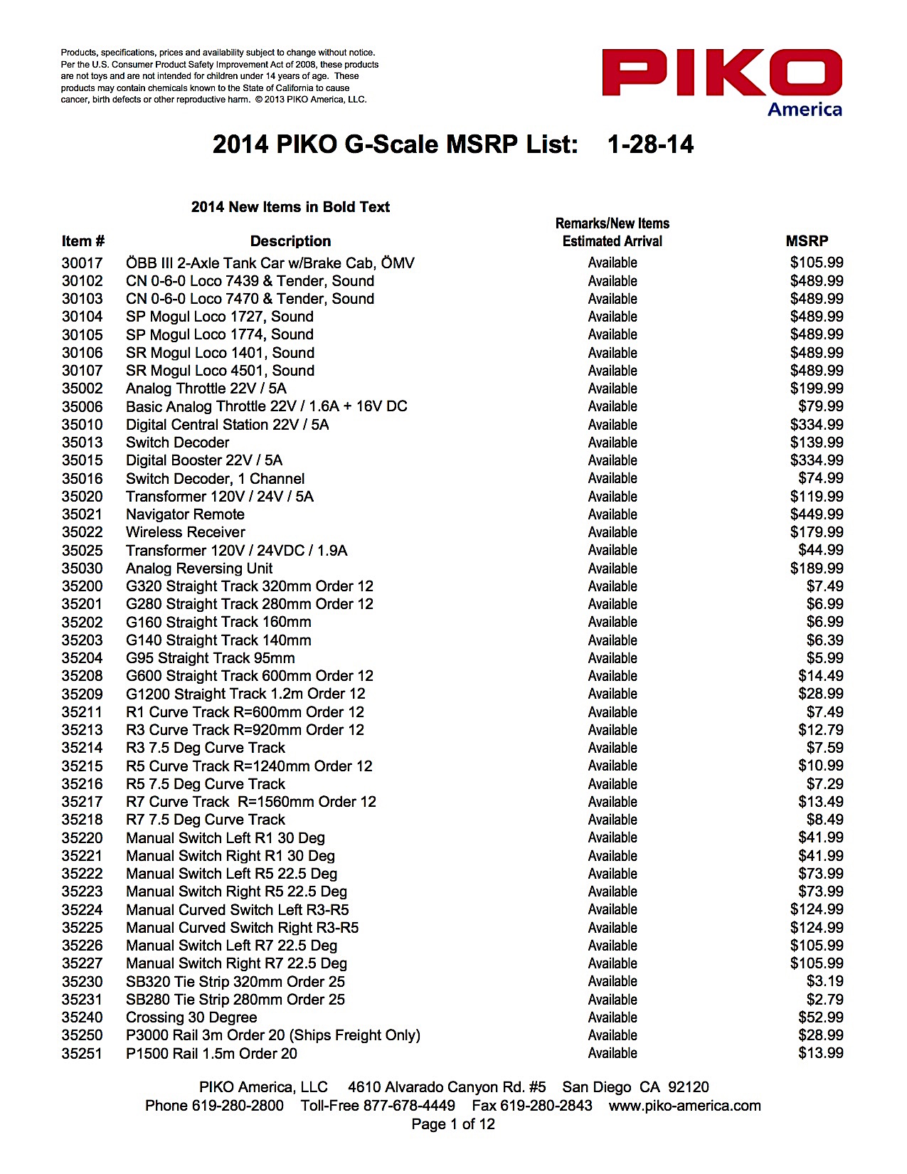 PIKO America Preisliste (Price list) 2014 January in US Dollars