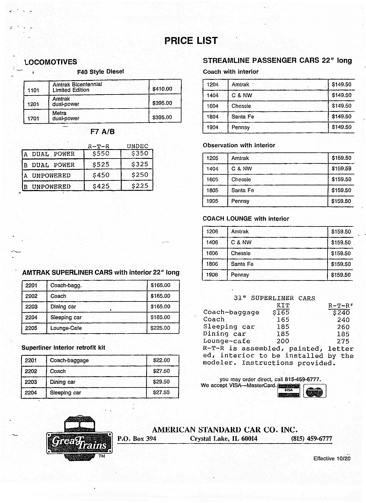 Great Trains - American Standard Car Company Inc. Preisliste (Price List)