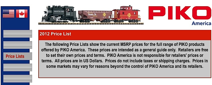 PIKO America Preisliste (Price list) 2012 in US Dollars