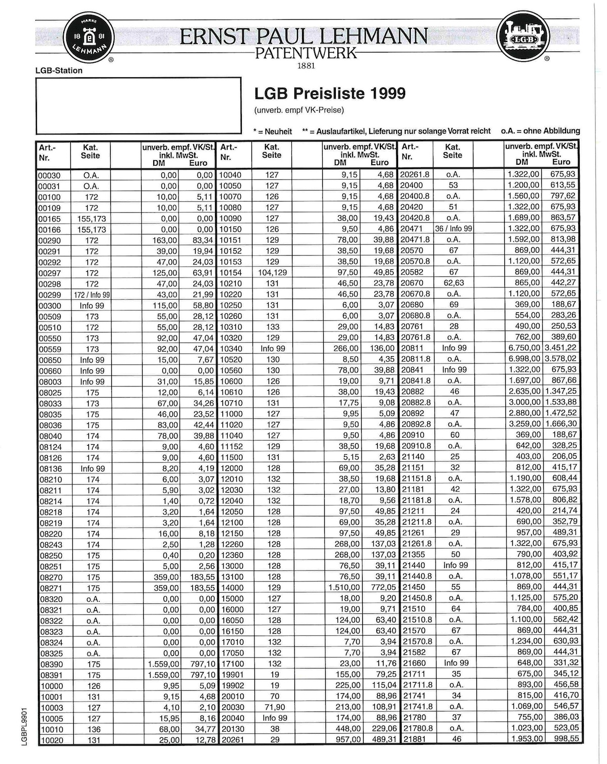 LGB Preisliste (Price list) 1999