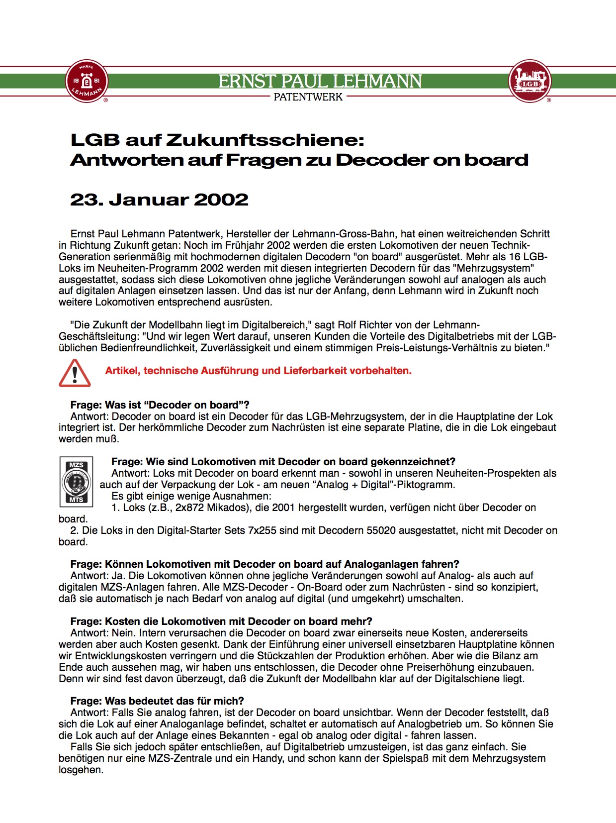 LGB White Paper 2002 - Decoder-on-Board Q&A, Deutsch