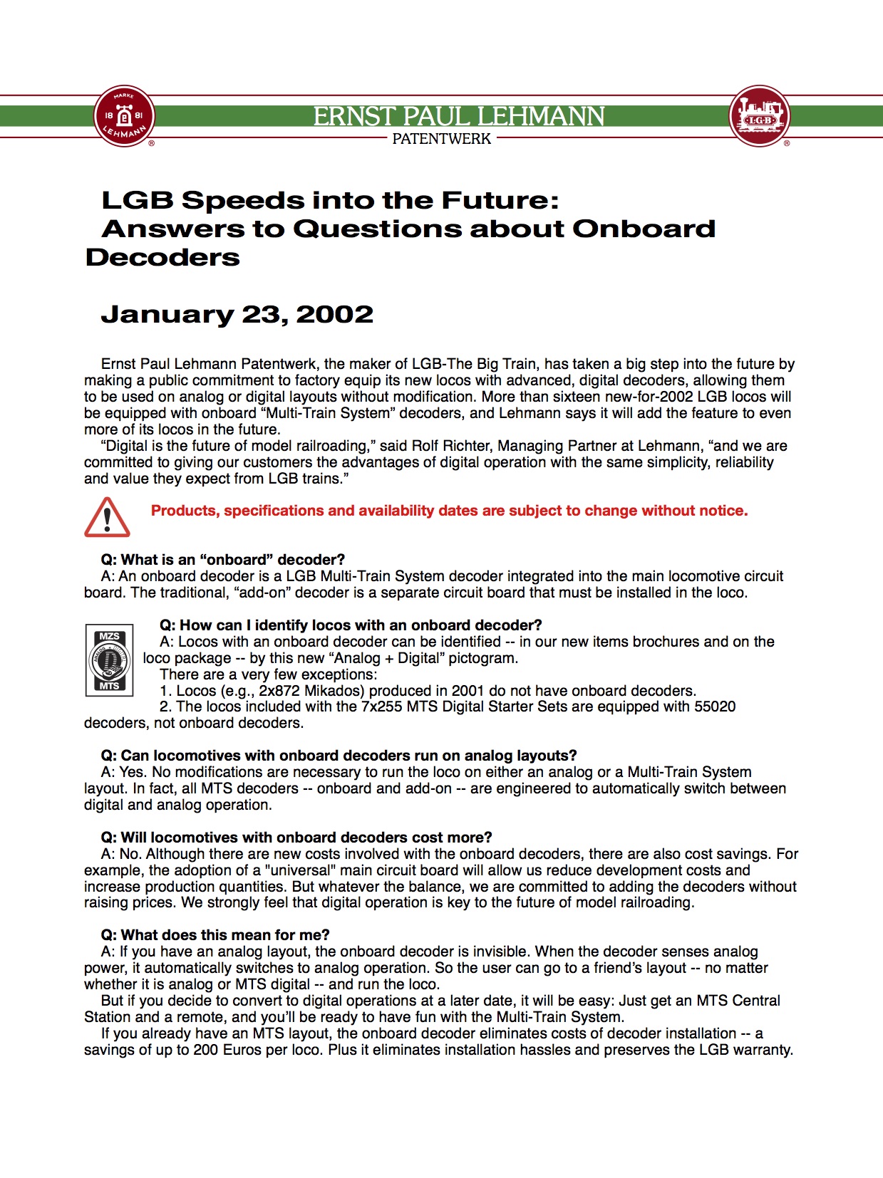LGB White Paper 2002 - Decoder-on-Board Q&A, English
