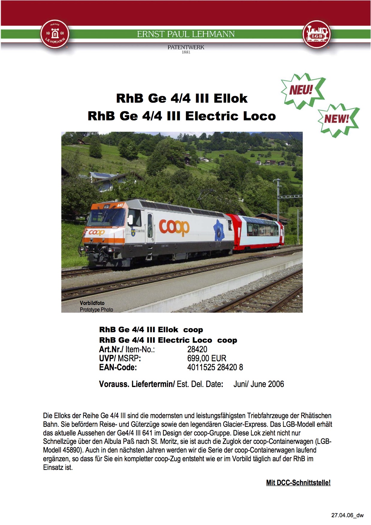 LGB Infoblatt (Information flyer) 2006 - Item 28420 RhB Ge 4/4 III Ellok (Electric Loco) coop