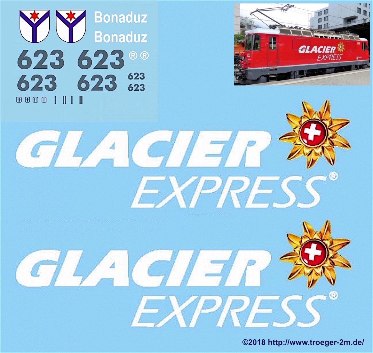 RhB Ge 4/4 II E-Loco 623 "Glacier Express", Beschriftungsset (Labeling Set)