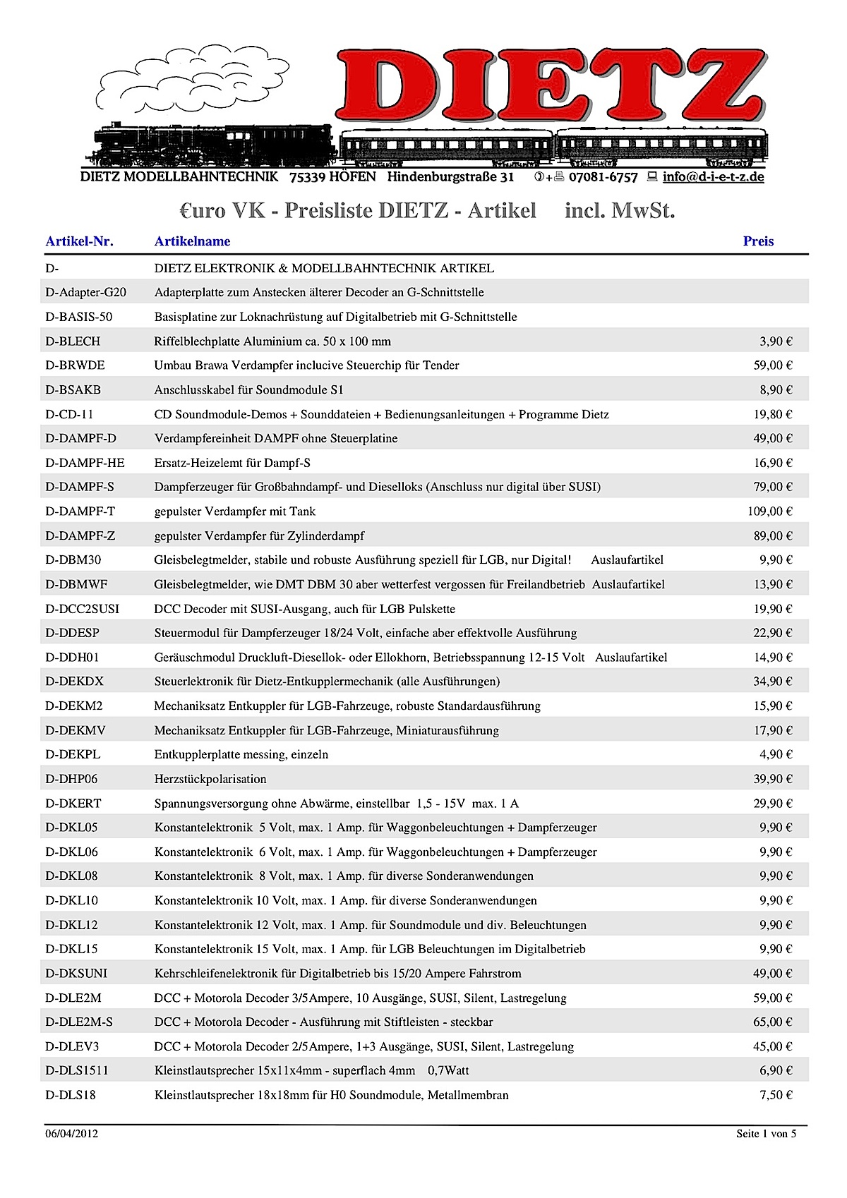 Dietz Preisliste (Price list) 2012