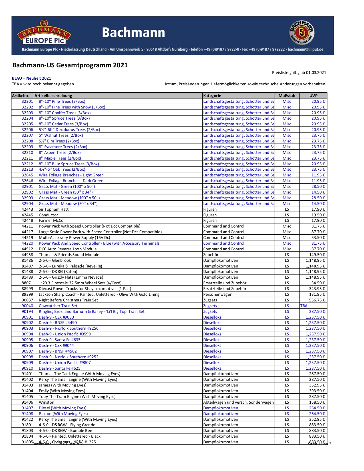 Bachmann Europe Plc Preisliste (Pricelist) 2021